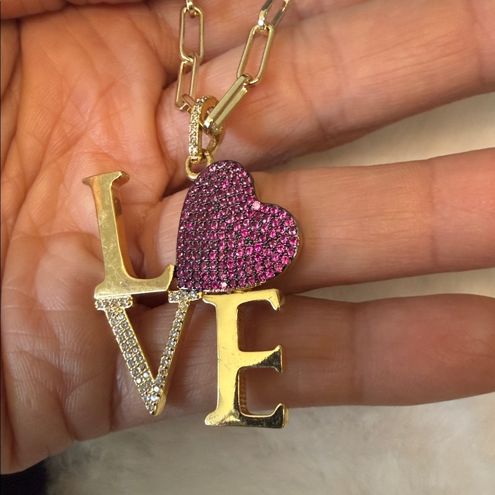 14K Gold-Plated LOVE HEART Pendant Necklace with Pink Crystal Heart